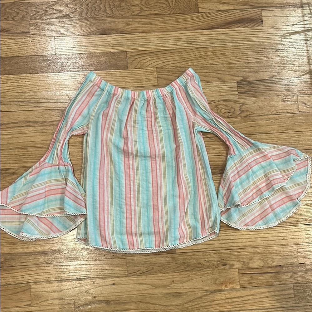 Solitaire Pink and Blue Ruffled 3/4 Sleeve Blouse